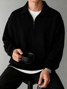 Sudadera casual de manga larga con cuello alto, cremallera y media cartera, versátil para el trabajo y el tiempo libre, para otoño/invierno - Negro - Ver 1