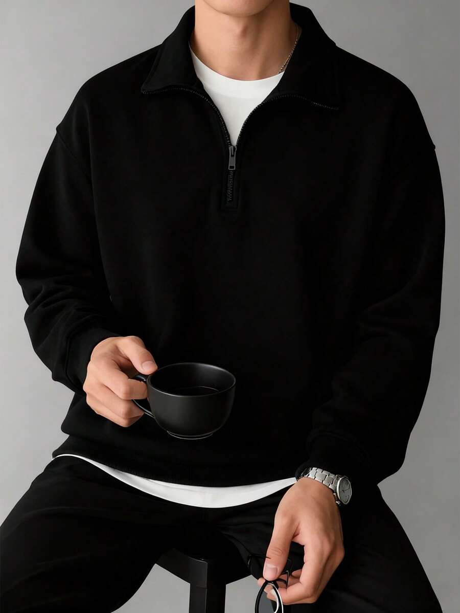 Sudadera casual de manga larga con cuello alto, cremallera y media cartera, versátil para el trabajo y el tiempo libre, para otoño/invierno - Negro - Ver 1