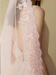 1件粉色长尾新娘头纱，带梳子，蕾丝头纱，浪漫可爱，适合女士婚纱、花园婚礼 - 彩色 - 查看 5