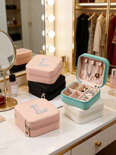 1pc Pearl Letter Portable Jewelry Storage Box, Travel Earrings Necklace Ring Jewelry Organizer ,Room Decor