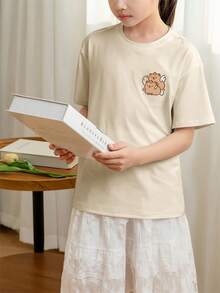 Camiseta de manga corta con cuello redondo y estampado casual para niñas preadolescentes, top de verano - Albaricoque - Ver 3