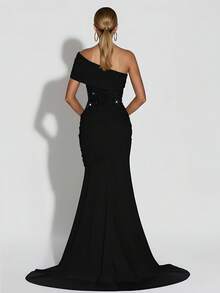 Shiny Patchwork Elegant Party Ruffle Zipper Evening Cocktail Formal Dress - Black - View 4