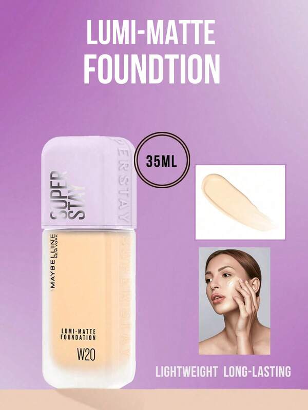 Maybelline Fundación LUMI-MATTE #W20 Soft Beige 35ml/10ml, Ligera y de larga duración, Tecnología de formación de película transpirable, Resistente al sudor, Crea un brillo mate natural, Cobertura ligera con sutil resplandor, Oculta eficazmente las imperfecciones, Adecuado para tonos de piel neutros, Ideal para principiantes y uso diario, Perfecto para el maquillaje diario, También es un regalo pensado para las novias.