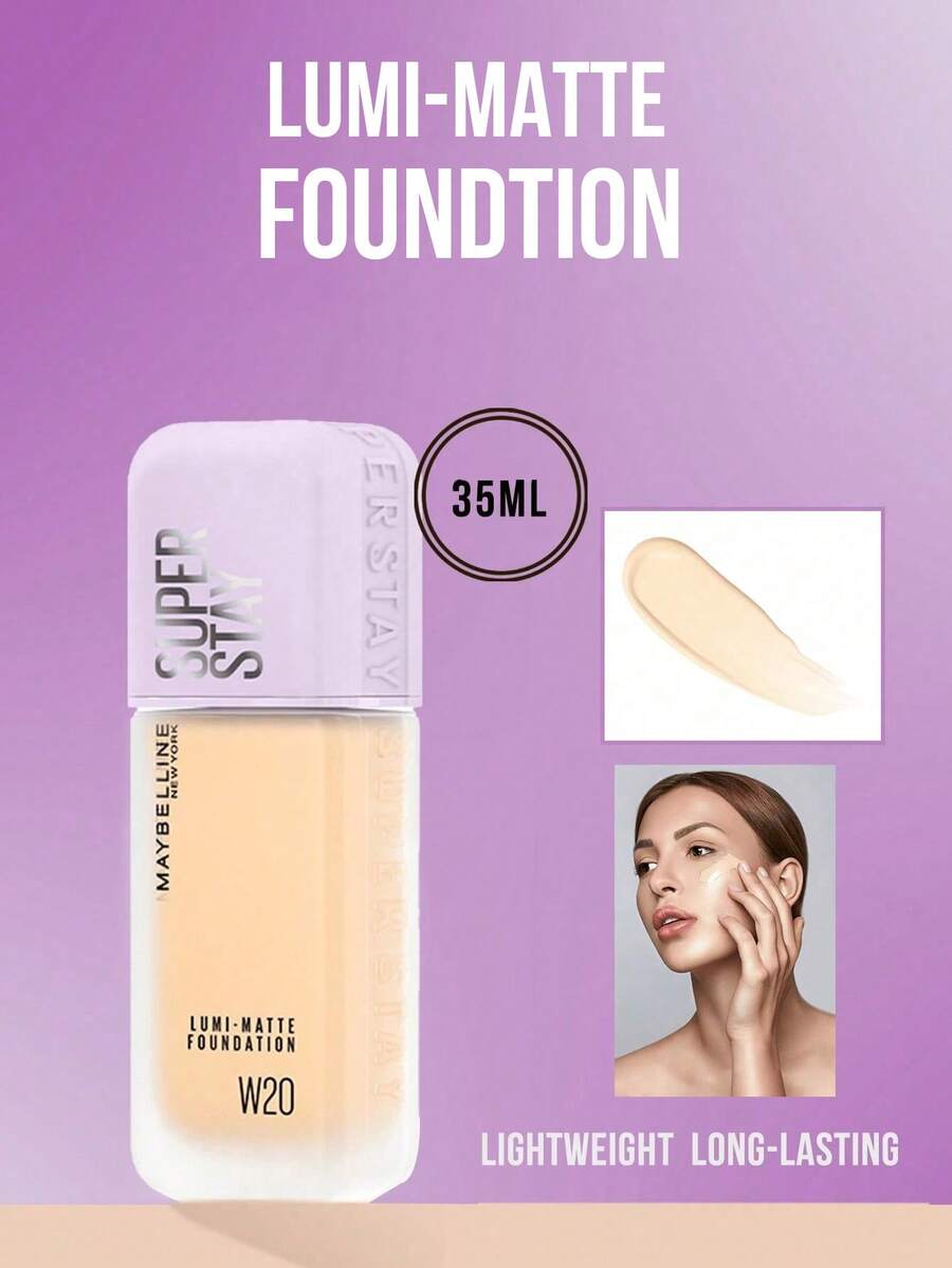 Maybelline LUMI-MATTE 粉底液 #W20 柔和米色 35ml/10ml，轻盈持久，透气成膜技术，防汗，打造自然哑光光泽，轻薄遮瑕，赋予肌肤微妙光泽，有效遮盖瑕疵，适合中性肤色，是初学者和日常使用的理想之选，是日常妆容的完美之选，也是送给女朋友的贴心礼物。