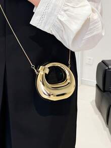 Fashionable Metal-Tone Circular Evening Bag, Versatile Round Crescent Party Handbag For Women, Shoulder Bag, Crossbody Bag, Clutch - Gold - View 6