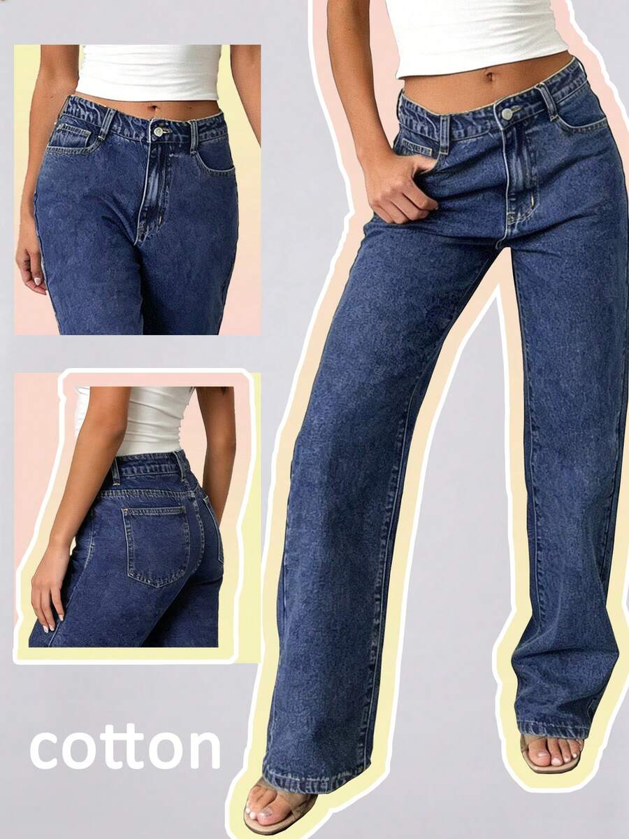 Pantalones vaqueros rectos de tiro medio de lavado oscuro azul para mujer, ajuste delgado, de algodón, pantalones de mezclilla de estilo de moda casual y versátil - Azul lavado oscuro - Ver 1