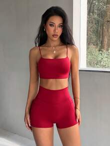 Aoqta Sports 女士夏季休闲纯色两件套，无袖露背带胸垫修身短款背心和高腰紧身短裤（带口袋），适合瑜伽、跑步、健身、日常穿着。 - 酒紅色 - 查看 5