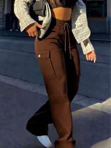 Spring Summer Women Drawstring Straight Leg Coffee Brown Straight Leg Pants, Casual & Fashionable Y2k Multi-Pocket Waist Flared Pants, Vacation Beach Office School Outfits For Women - 咖啡棕 - 查看 5