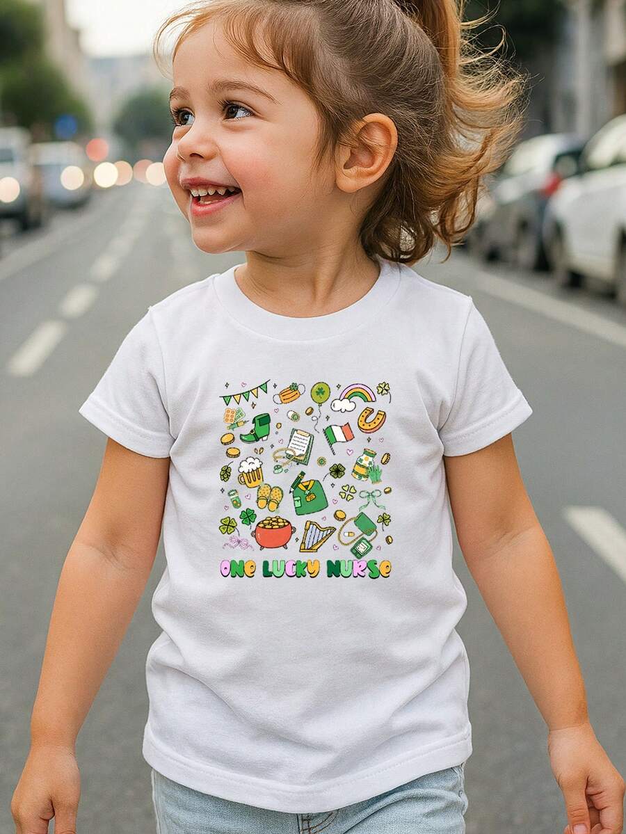 Camiseta infantil de cuello redondo 100 % algodón con iconos irlandeses de dibujos animados para el Día de San Patricio. Camiseta blanca de manga corta con divertidos elementos del Día de San Patricio. Regalo para enfermera de la UCI pediátrica. Camiseta de San Patricio con colores cómodos. Largo regular. Camiseta con lazo de trébol de la suerte. Camiseta verde de enfermera con trébol. Camiseta con estampado artístico "One Lucky Nurse". Camiseta de trébol. Camiseta infantil del Día de San Patricio. Ropa irlandesa de la suerte. Camiseta unisex de manga corta. Ropa suave y transpirable para niña/niño. Ropa para adolescentes. Material cómodo. Ajuste cómodo. Material suave. - Blanco - Ver 1