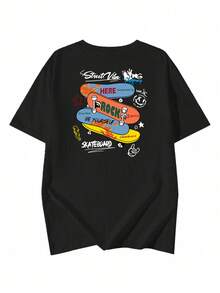 日系女式宽松圆领休闲百搭滑板字母印花短袖T恤，春夏黑色 - 黑色 - 查看 4