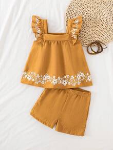 2pcs Baby Girl Outfit, Yellow White Silhouette Print Ruffle Trim Sleeveless Top And Yellow Shorts Set, Spring/Summer - Yellow - View 1