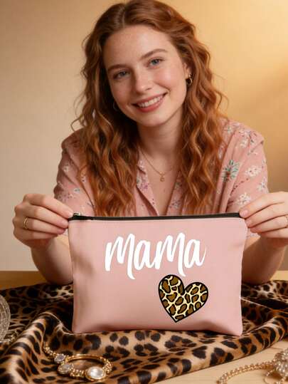 Makeup Bag With Mama Text & Leopard Print Heart - Reusable Cosmetic Pouch, Lightweight Cosmetic & Toiletry Organizer, Zippered Storage Bag, Coin Purse, Travel Accessory For Women, Perfect For Makeup, Brushes, Accessories, Toiletries - Ideal Mother'S Day Gift, Valentine'S Day, Ramadan Gift, Birthday Gift, New Year, Shopping, Travel & Daily Use
