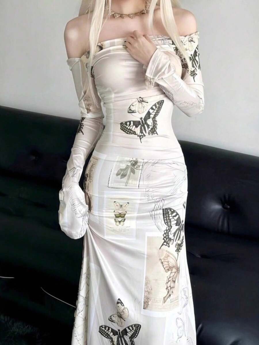 Vestido largo escote hombros descubiertos manga larga estampado mariposa cintura alta ajustado - Blanco - Ver 1