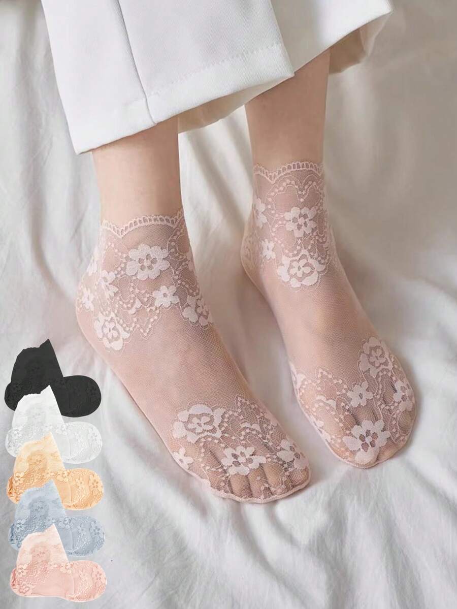 1/5/10 Pairs Women's Summer Thin Lace Floral Sexy Sheer Mesh Socks - Multicolor - View 1