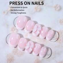 24pcs Oval White French Manicure Nail Stickers With Pearl Bow Design, Fits Acrylic Nails Perfectly, Includes 1pc Jelly Gel And 1pc Nail File, Suitable For Women And Girls For Daily Work, Study And Party - 杏仁色 - 查看 2