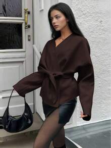 Áo khoác cardigan dáng kimono bằng len nữ, cổ chữ V, có thắt lưng, kiểu dáng Anh Quốc thanh lịch, thích hợp cho mùa Thu/Đông. - màu nâu - Xem 2