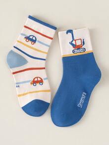 Random 1/5/10-Pair Packs Of Cute Cartoon Car-Themed Children's Socks, Striped Letter Patterns, Simple And Casual Style, Mid-Calf Socks For Boys' Everyday School Wear. - Multicolor - View 6
