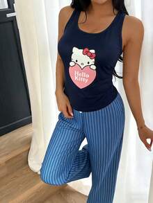 SANRIO Hello Kitty 女士圆领无袖印花上衣 + 直筒弹力腰裤可爱睡衣套装（2 件装） - 藍色 - 查看 2
