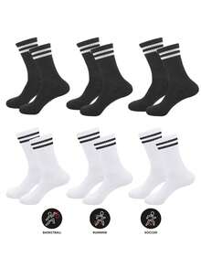 2/6/12 Pairs Unisex Black & White Crew Socks, Suitable For All Seasons, Striped Trim Casual Round Neck Socks, Retro Fitness & Running Socks - Multicolor - View 7
