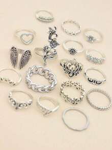 17pcs/Set Unique Flower Wings Chain Knuckle Rings Set, Gift For Women, Party Decoration - Antique Silver - View 2