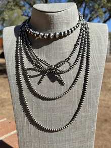 5pcs Minimalist Retro Bow Faux Pearl Necklace, Fashionable Jewelry Suitable For Party, Gathering, Vacation, 2026 New Arrival - Gray-black - View 3