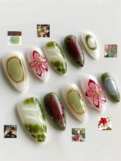 10pcs Medium Almond Shaped Glossy Acrylic False Nails, 3D Flower & Golden Line Decor Green Pattern Design, Fashionable Y2K Style, Suitable For Women & Girls Daily Wear, Suitable For Spring
