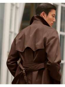 Runcati Men's Trench Coat Double Breasted Notched Lapel Casual Belted Windbreaker Fall Classic Long Jacket Overcoat - Brown - View 2