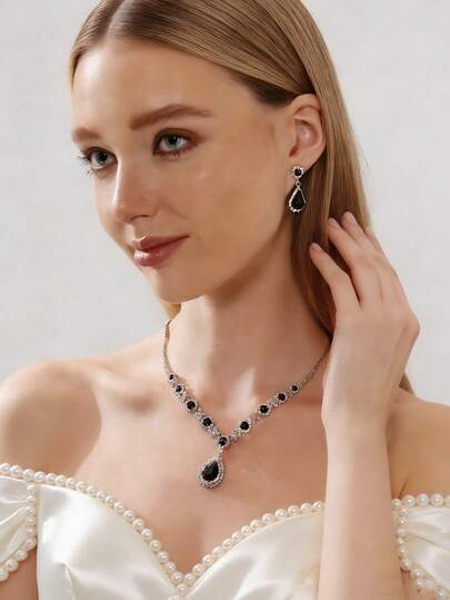 Set de 3 piezas de joyería de lujo, collar y aretes de cristal en forma de lágrima, accesorios nupciales multicolor brillantes, elegantes para fiesta de noche, boda, cumpleaños, regalo de aniversario