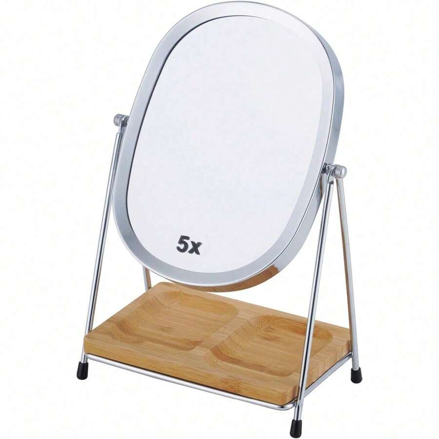 Tabletop 5x/1x Magnifying Makeup Mirror With Squared Bamboo Tray Small Desk Mirror 360° Rotation Vanity Mirror With Stand Desktop Cosmetic Mirror - With Bamboo Tray - View 1