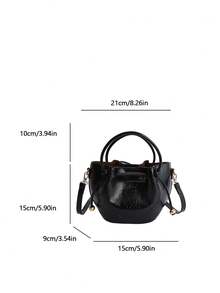 1个黑色亮面金属球抽绳装饰亮面皮革水桶包，手提/斜挎两用，抽绳封口，休闲通勤及街头风格 - 黑色 - 查看 8