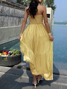 PoPoHouse 女士优雅长款连衣裙，性感露背系带荷叶边层叠飘逸吊带裙，适合休闲夏季海滩度假外出穿着，黄色连衣裙，女士款 - 黃色 - 查看 2