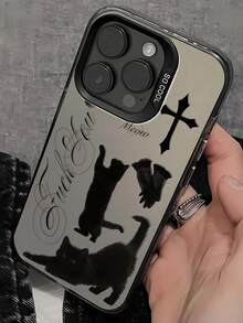 1pc Dark Personalized Cat Cross Slogan Graphic Black & Silver Phone Case, Compatible With IPhone 16/16Pro/16Plus/16ProMax, 11/11Pro/11ProMax, 12/12Pro/12ProMax, 13/13Pro/13ProMax, 14/14Plus/14Pro/14ProMax, 15/15Pro/15Plus/15ProMax - Multicolor - View 3