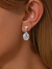 2只闪亮立方氧化锆水晶吊坠耳环，新娘婚纱配饰，派对及晚宴耳环 - 1443 - 查看 4