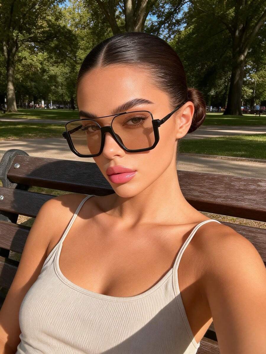 1pc Women's Copper Frame Retro Fashion Glasses, Classic All-Season Elegant Style, Suitable For Golf, Driving, Outings, Gift Choice, Outdoor Activities, Beach Parties, Street Photography, Music Festivals, Party Accessories - 1pc 黑框桔片 - 查看 1