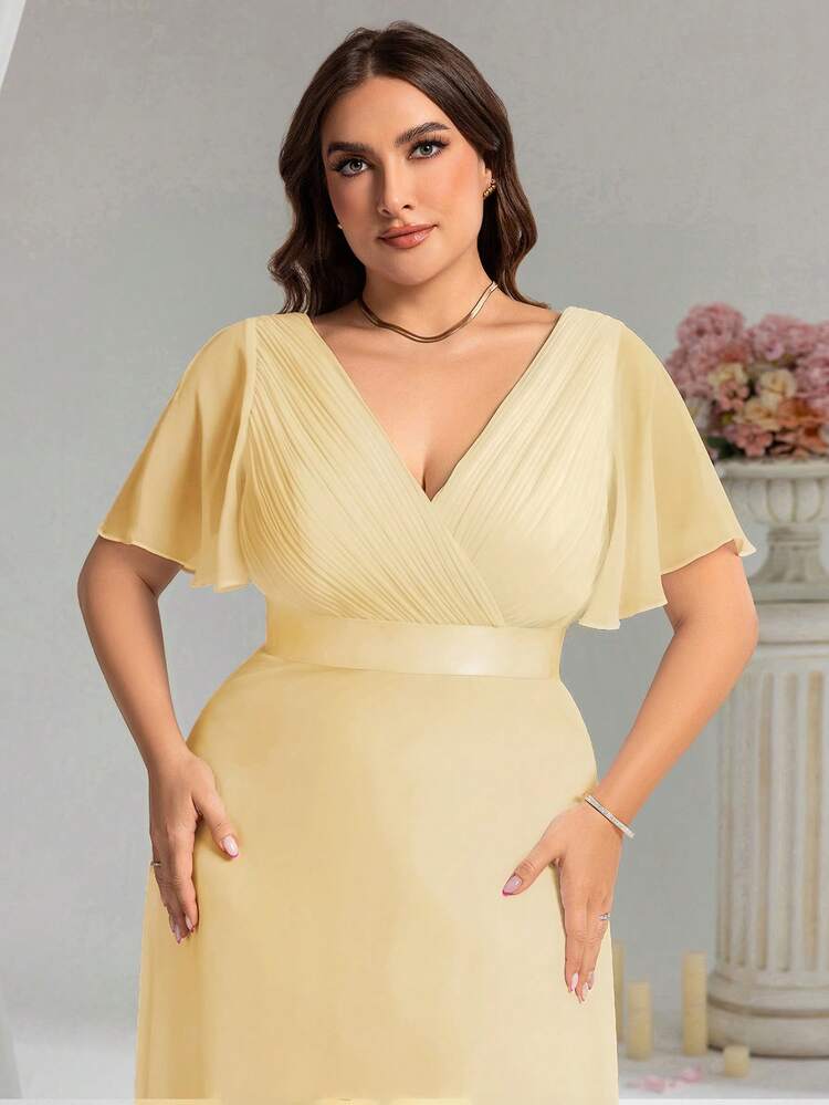 EVERPRETTY Plus Size Elegant V-Neck Ruched Formal Bridesmaid Dress, Yellow, Suitable For Spring/Summer Wedding Guests, Wedding Parties Party - Yellow - View 6