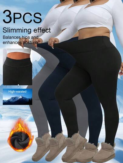 3pcs Plus Size Women's Warm Thermal Lined High Waist Leggings, Winter