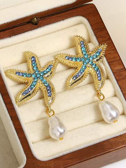 Gold-Tone Starfish & Baroque Pearl Drop Earrings For Women - Ombre Blue Crystal Accents, Minimalist Luxury Coastal Statement Jewelry For Vacation & Summer Outfits, A Stylish Gift For Birthdays, Anniversaries, Valentine's Day, And Romantic Celebrations, Jewelry Women, Beach Earrings