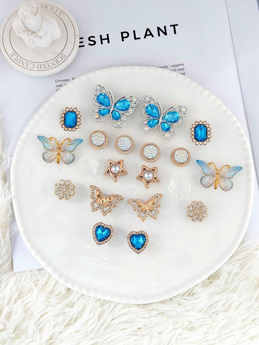 20pcs Blue & Gold Butterfly, Heart Shaped Shoe Charms, Rhinestone + Pearl Material, Luxury Sweet & Cool Style, Suitable For Hollow Out Clogs - Blue and Gold Butterfly Set - View 1