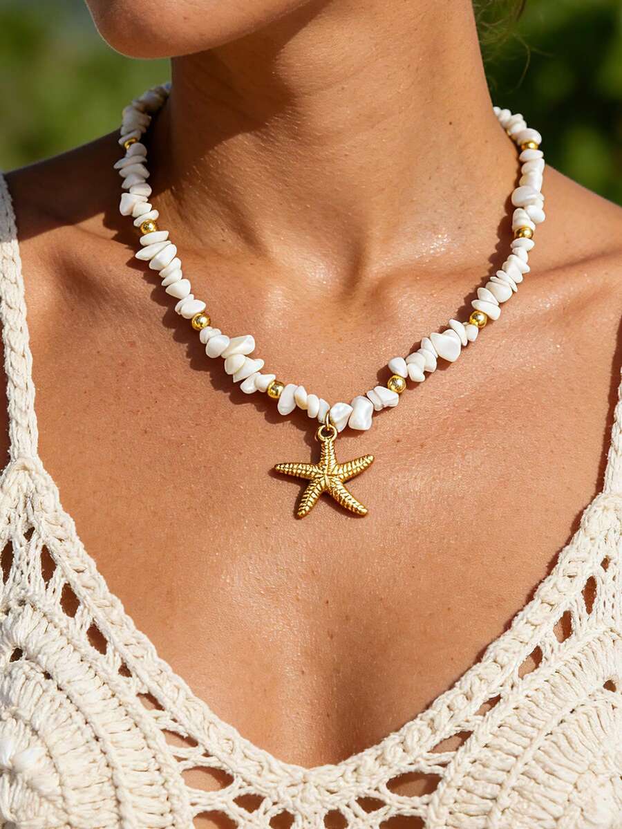 1件波西米亚风石珠项链，配金属海星吊坠，适合女性日常佩戴和旅行佩戴，沙滩饰品礼品 - 白色 - 查看 1