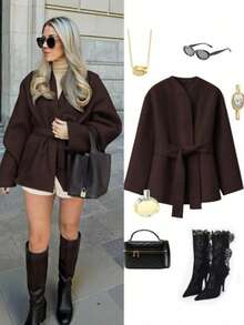 Áo khoác cardigan dáng kimono bằng len nữ, cổ chữ V, có thắt lưng, kiểu dáng Anh Quốc thanh lịch, thích hợp cho mùa Thu/Đông. - màu nâu - Xem 1