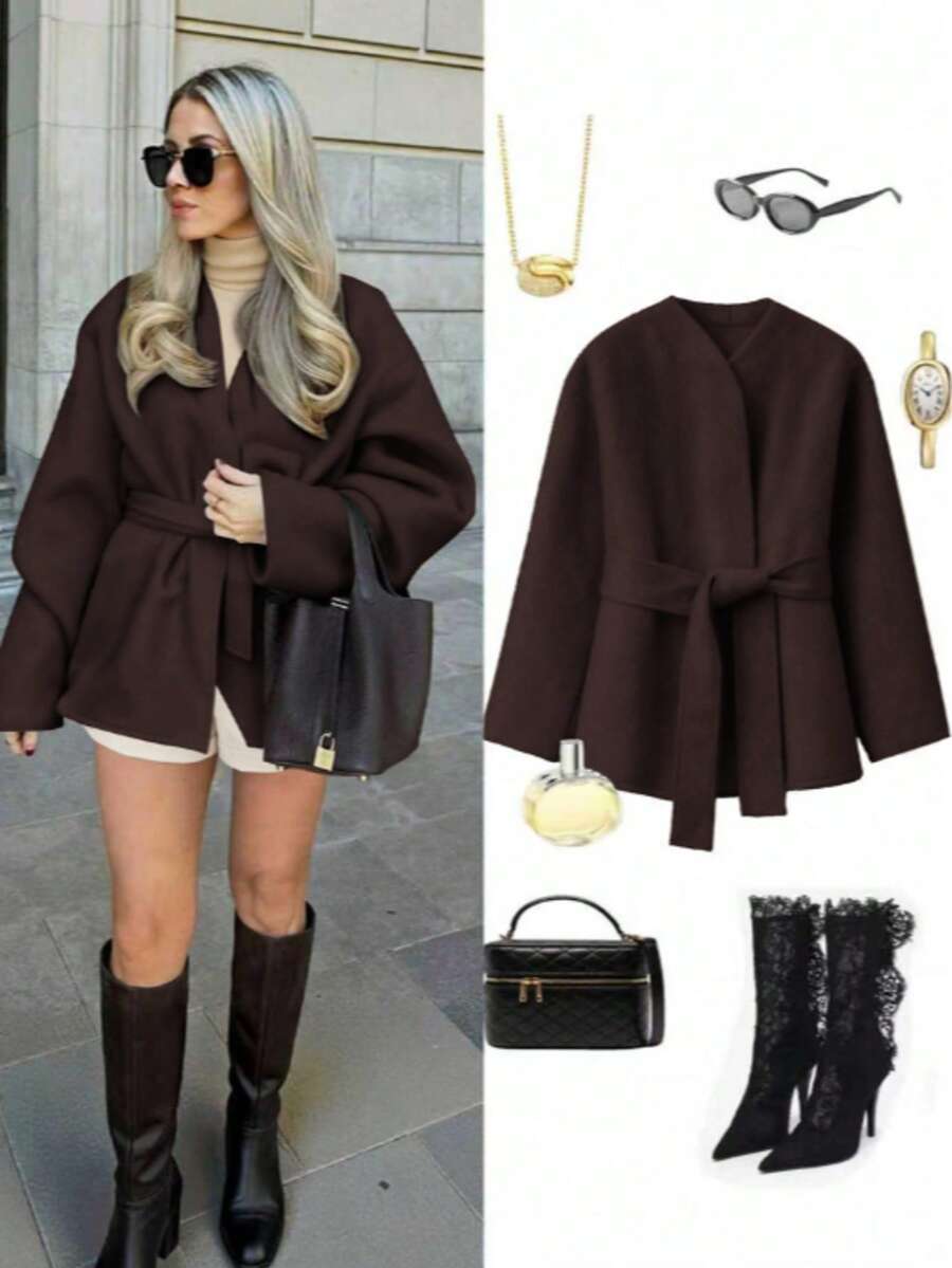 Áo khoác cardigan dáng kimono bằng len nữ, cổ chữ V, có thắt lưng, kiểu dáng Anh Quốc thanh lịch, thích hợp cho mùa Thu/Đông. - màu nâu - Xem 1