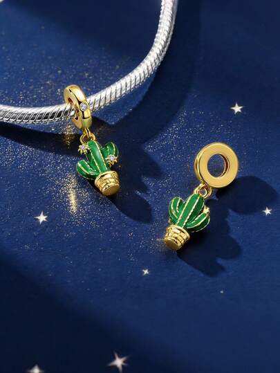 1 Pieces Original Design Silver Color Elevate Your Jewelry Stack With This Luxurious Tropical Cactus Charm, The Vibrant Green Enamel Captures The Lushness Of A Desert Cactus, While Tiny Cubic Zirconia Stones Add A Touch Of Sophistication. The Polished Gold Pot Base Enhances The Design, Making It Suitable For Both Formal And Casual Occasions.
