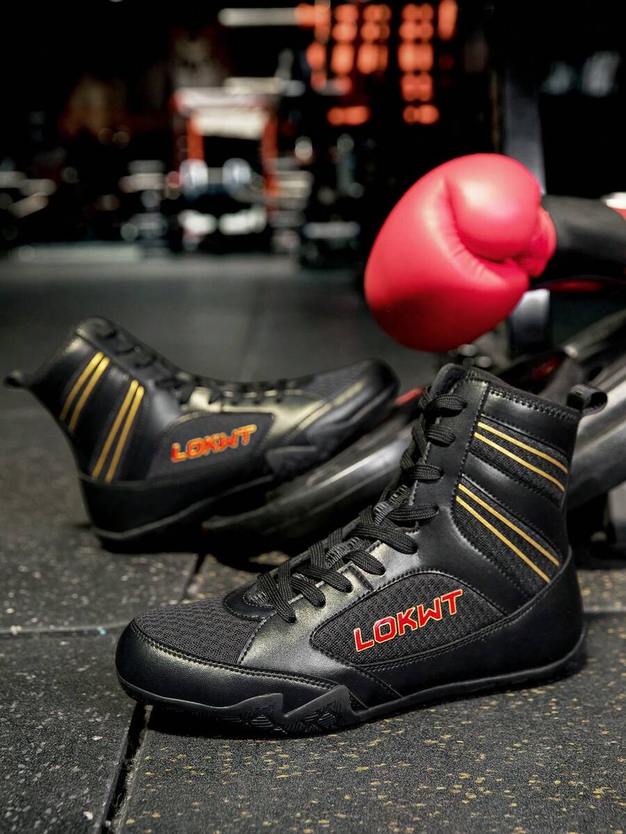 TACHUAN 1 Pair Men's High-Top Professional Boxing Shoes, Wrestling Training Boots, Muay Thai Kickboxing Shoes, Fitness Martial Arts Sneakers - Black and Yellow - View 1