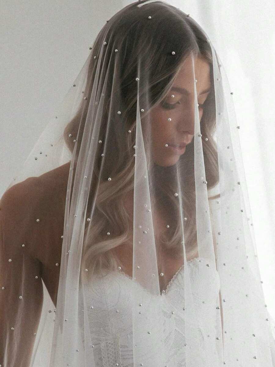 2 Tier Bridal Veil With Comb Handmade Beaded Wedding Veil For Bride Bridesmaid - White - View 1