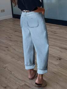 Women's Casual Loose Straight Leg Jeans With Button And Pockets, Comfortable Wide-Leg Denim Pants For All Seasons, Perfect For Daily Wear, Home, And Office - 淺色水洗藍 - 查看 2