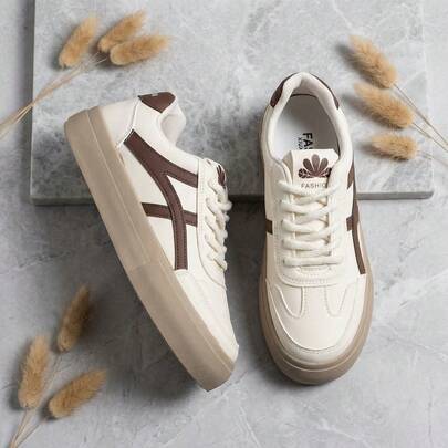 Tenis deportivos casuales de entrenamiento retro para mujer, diseño de rayas de contraste con suela gruesa de plataforma y cordones ajustables, material de PU resistente con suela antideslizante cómoda para uso diario trabajo citas y todas las estaciones
