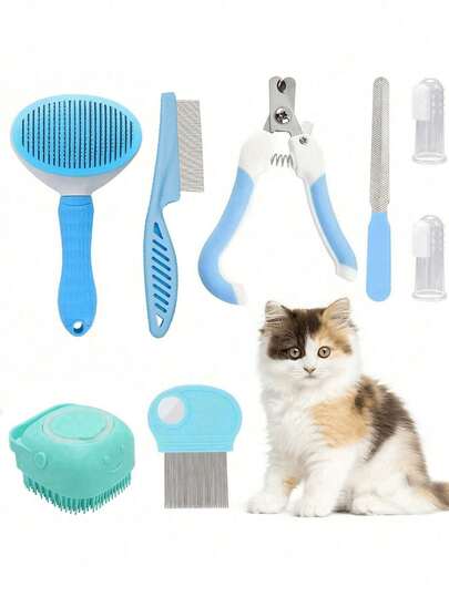 8pcs Deluxe Cat Grooming Kit: Includes Self-Cleaning, Nail & Fur Care, And Dental Care Essentials To Keep Your Beloved Pet Happy And Healthy