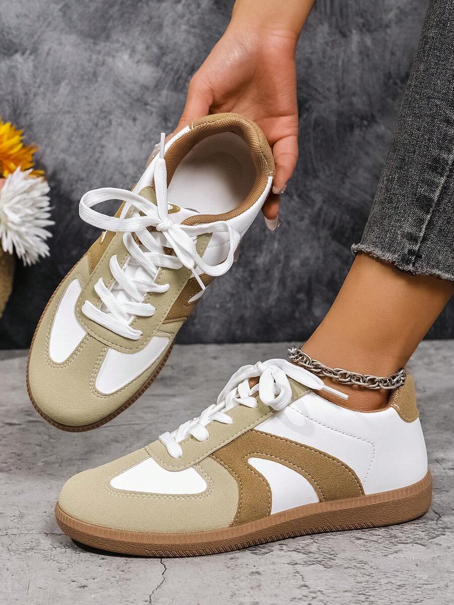 1 par de zapatillas casuales con cordones transpirables, zapatos blancos, adecuados para primavera, verano, otoño e invierno - Caqui - Ver 1