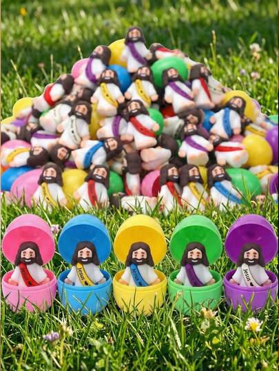 50 piezas Miniaturas de Jesús "Jesús te ama", juguetes de goma coloridos pequeños para rellenar huevos de Pascua, recuerdos de fiestas religiosas, regalos de la escuela dominical y juegos de escondite, muñeco pequeño de Jesús para esconder y buscar, regalos de recuerdos de la fiesta del domingo, miniaturas de Jesús, modelos cristianos, modelos pequeños, regalo de Jesús, peluche de Jesús