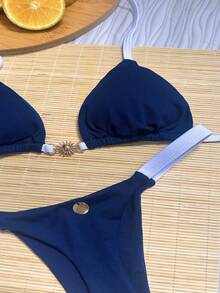Navy Blue And White String Bikini With Sun Buckle, Thong Style, Removable Padding, Polyamide, Tan Lines, Summer, Bronze, Cute, Knit Fabric, Tie-Back, Tie-Knot, Vacation, Beach. - 藏蓝色 - 查看 2